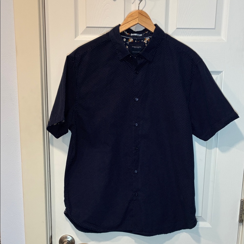 Denim & Flower Men's Navy Short-Sleeve Button-Up with Tiny White Dot Print